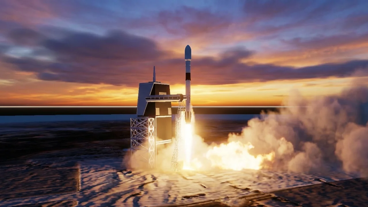 A Falcon-style rocket lifting off from its pad at golden hour, exhaust plume billowing across the launch site.